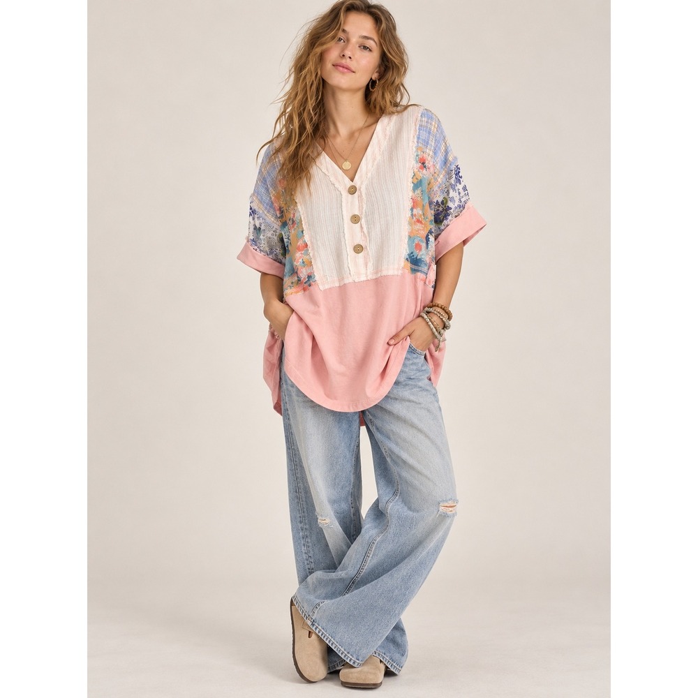 Easel Los Angeles Mixed Media Patchwork Boho Top S Pink Floral Plaid Oversized